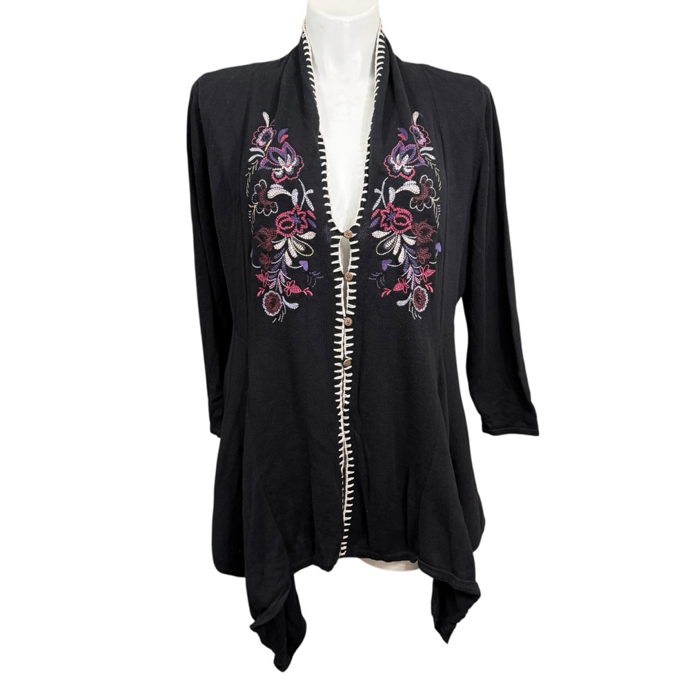 C.J. Banks Black Embroidered Open Front Cardigan Womens 1X Long Sleeve